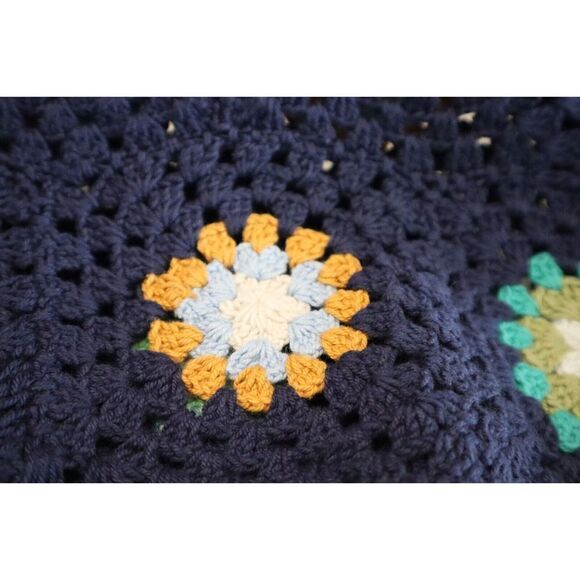 Aerie Women's Sz XS Boho Blue Crochet Granny Square Floral Puff Sleeve Crop Top - Picture 6 of 9